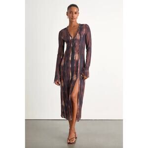 Lulus Aymeline Navy and Brown Abstract Long Sleeve Midi Dress Mesh Boho L NWT